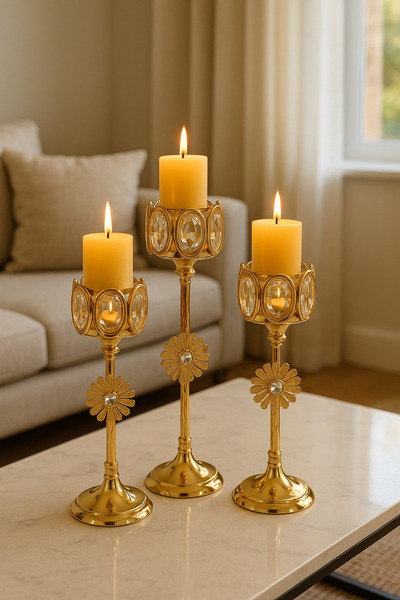 MİS KİTCHEN Kristal Oval Taş Detaylı Altın 3’lü Mumluk Şamdan | Zarif Sofra v...