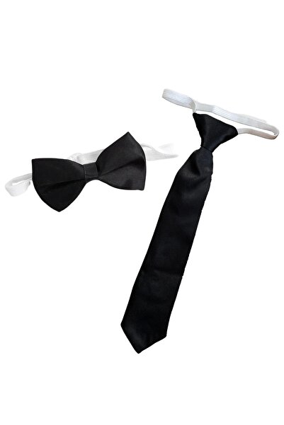 cappadocians Boy's 1-7 Years Elastic Tie and Elastic Bow Tie Black Color 2 Piece Set