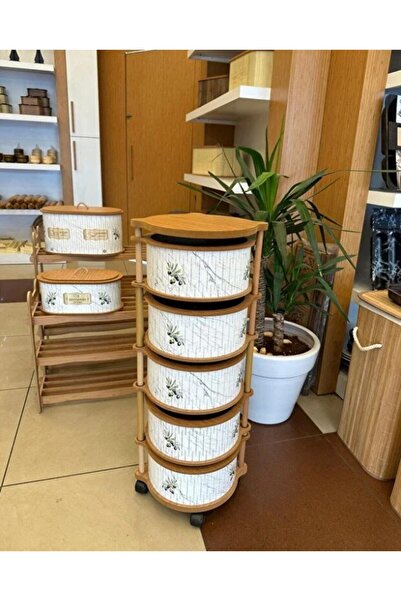 Begin Power Ahşap Yuvarlak Zeytin Sebzelik 5 Katlı Yana Açılır Patates Soğan Tekerlekli Sebzelik