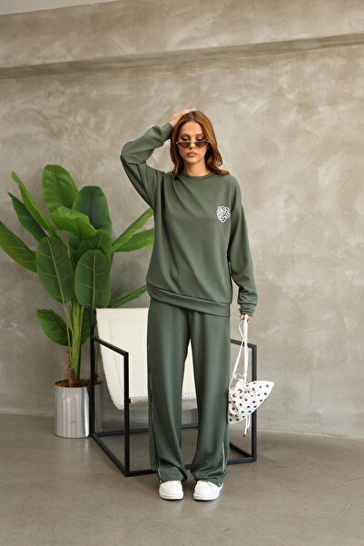 b buhari bykoc Floral Patterned Piping Oversize Wide Leg Modal Fabric Tracksuit Set