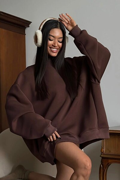The Champ Clothing Γυναικείο φούτερ φόρεμα Oversize Basic καφέ – Λαιμόκοψη, 3 κλωστές από φλις με ανάλαφρη ρίγα