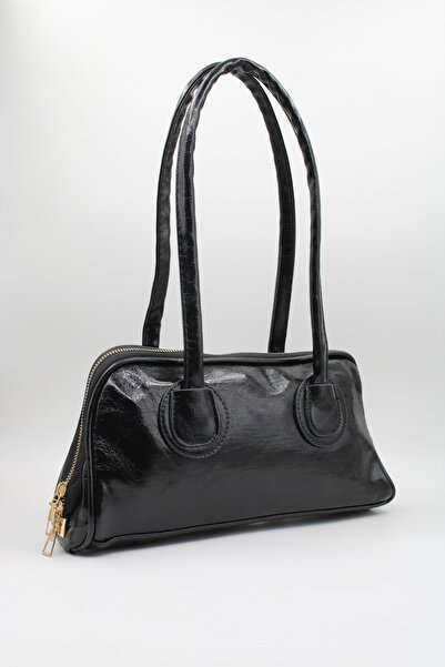 LASSO Geantă de mână și de umăr pentru femei, din piele lacuită neagră, cu mâ...