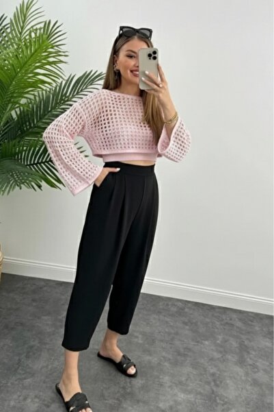 İpli Ροζ Χρώμα Διάτρητο Πλεκτό Crop Γυναικεία Μπλούζα