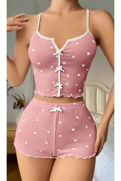 Lingeretta Kadın Gül Kurusu Kalp Desenli Kısa Şort Atlet Gecelik