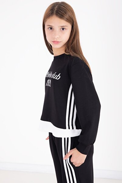 Cansın Mini Black Stripe Detailed Lettered Wide Leg Girls' Suit 22772