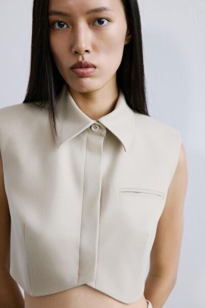 rue Wool Textured Padded Beige Crop Vest