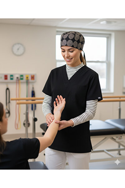 mirach 3-Piece Nurse Set Black Scrubs Labyrinth Surgical Cap Striped White Stand-Up Collar Neck Collar Sleeves