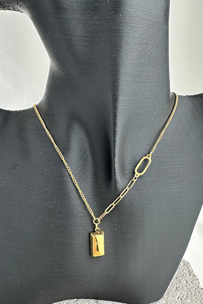 Modex Altın Rengi Oval Halka Zincir Tasarım Külçe Çelik Kolye (Zincir:40cm Uç:1cm)