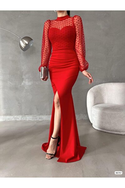 Modafeminen Esnek Krep Kumaş Tül Detaylı Yırtmaçı Kollu Abiye Elbise 582767 KIRMIZI