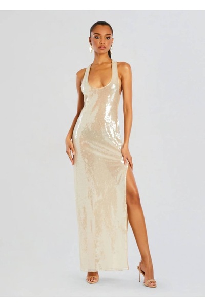 Aziza Collection Gold Sequin One-Shoulder Maxi Dress with High Slit