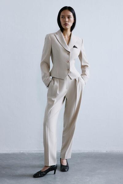 rue Melanj Dokulu Bej Pileli Pantolon