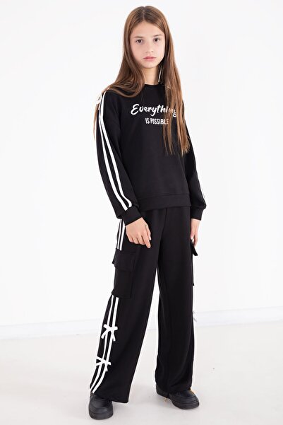 Cansın Mini Black Text Printed Striped Girls' Top and Bottom Set 22770