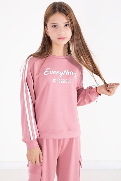 Cansın Mini Pink Text Printed Striped Girls' Top and Bottom Set 22771