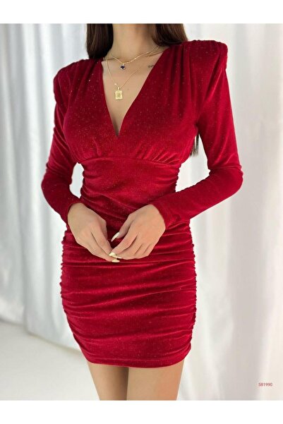 Modafeminen Μακρυμάνικο Φόρεμα Ασημί Βελούδο 581990 ΚΟΚΚΙΝΟ