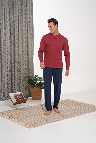 Lohusa Homewear Ανδρικό σετ πιτζάμες σε μπορντό χρώμα, με τσέπες, κλασικό σχέ...