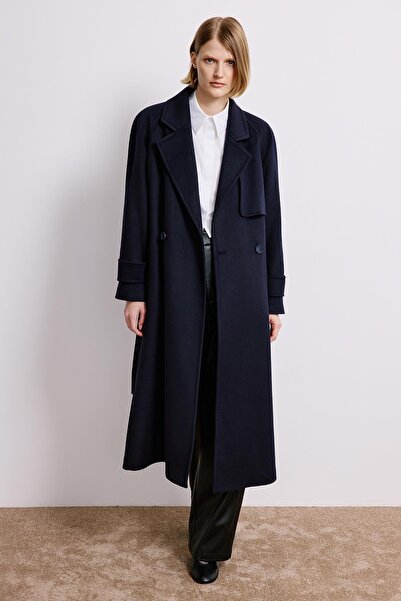 rue Double-Breasted Detailed Long Sleeve Navy Blue Coat