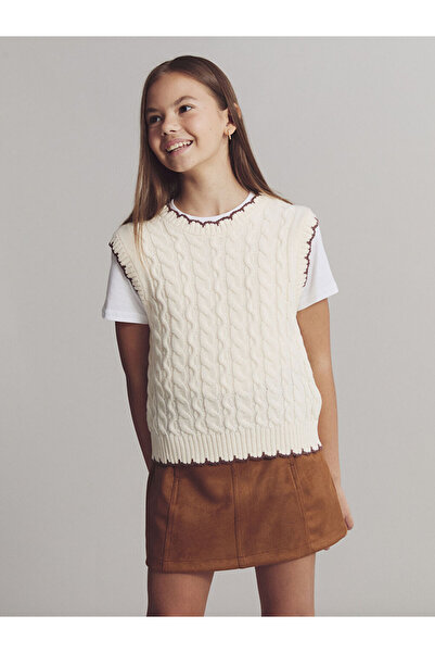 LC Waikiki Bej Bisiklet Yaka Kız Çocuk Triko Süveter