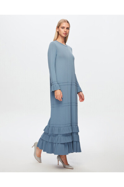 MISS DALIDA T24Y-4000 Etek Ucu ve Bileği Fırfırlı Triko Elbise 1236-BLUE