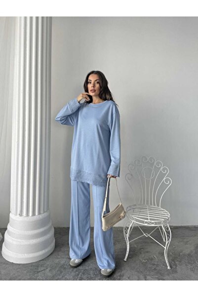 b buhari bykoc Lace Detailed Oversize Wide Leg Modal Fabric Tracksuit Set