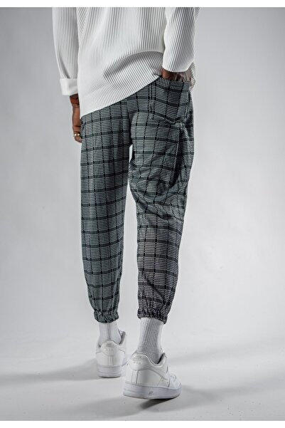 Superbluemexico Unisex Jacquard Gray Plaid Patterned Jogger Pants