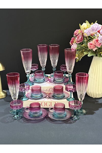 Hediye Köşkü 6 Kişilik Mor Yeşil 24 parça Full Kahve Sunum Seti