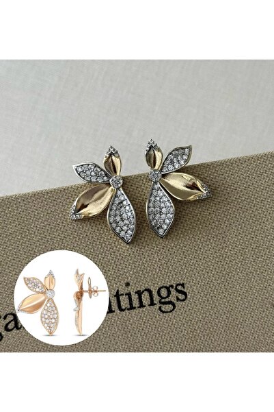 Vinya jewelry Yarım Çiçek Şeklinde Zirkon Taş Çelik Kadın Küpe