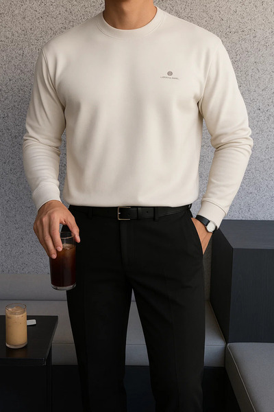 SILVANO Erkek Uzun Kollu Kalın Salaş Rahat Krem Sweatshirt