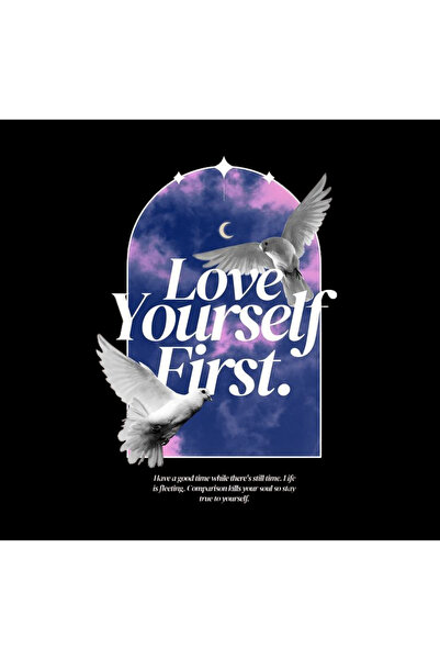 fame-stoned Αγαπήστε τον εαυτό σας πρώτα - Φούτερ με στάμπα με πουλί - ουρανό - φεγγάρι, Unisex, 100% βαμβάκι, μαύρο φούτερ με κουκούλα