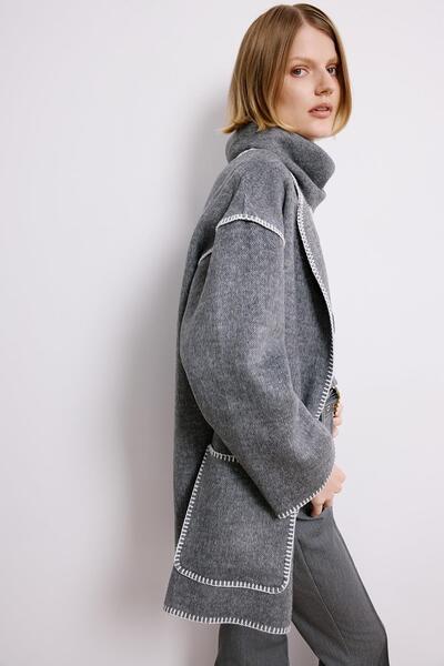 rue Off-Shoulder Long Gray Coat