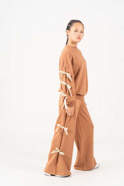 GİYİCEM TEKSTİL Girl's Basic Tracksuit Set with Ribbon Sleeves 6509