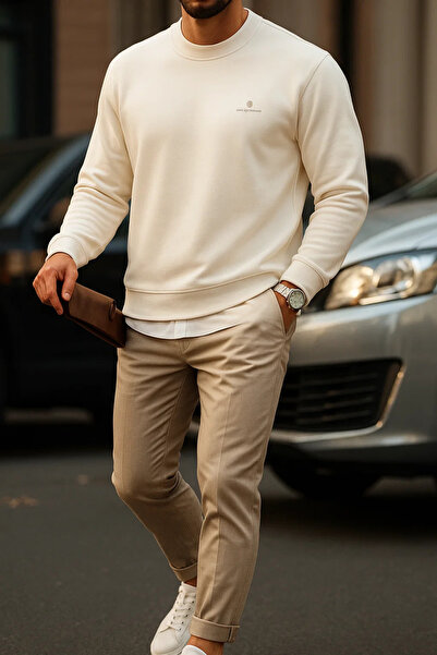 SILVANO Men's Comfort Fit Casual Embroidered Cream Sweatshirt