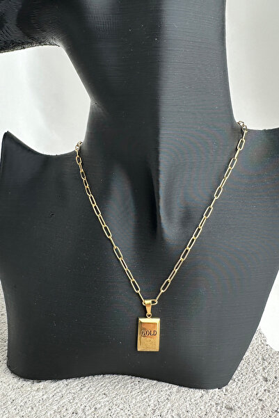 Modex Altın Rengi Tasarım Külçe Çelik Kolye (Zincir:40cm Uç:1.5cm)