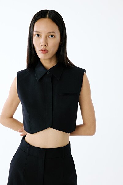 rue Wool Textured Padded Black Crop Vest