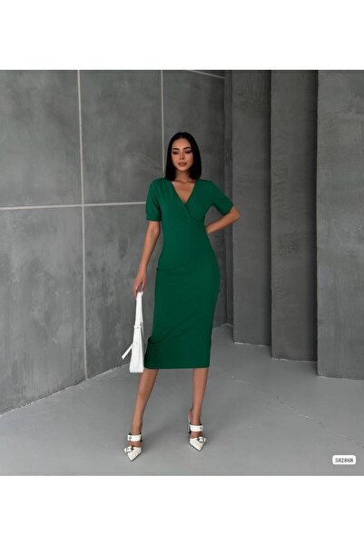 Modafeminen Kruvaze Yaka Kısa Kol Kalem Elbise YEŞİL 582868