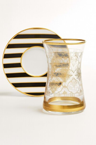 Jenisa 12 Piece Gold Gilded Pattern Tea Cup and Zebra Pattern Saucer Set