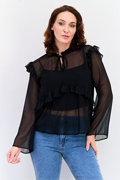 Koton Women Tie Neck Long Sleeves Solid Blouse, Black