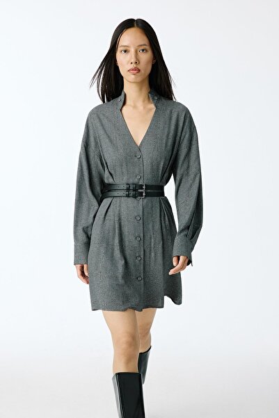 rue Sim Ekoseli V Yaka Gri Mini Elbise