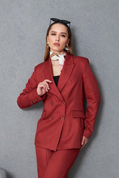 LOVELF 4 Düğmeli Kruvaze Yünefekt Takım Kırmızı
