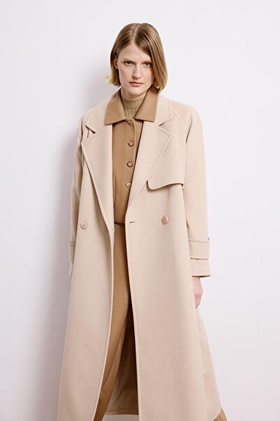 rue Double-Breasted Detailed Long Sleeve Beige Coat