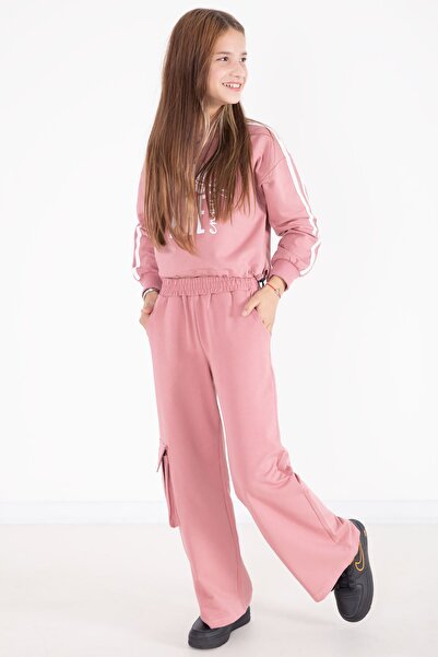 Cansın Mini Pink Text Printed Cargo Pocket Detailed Girl's Suit 22776