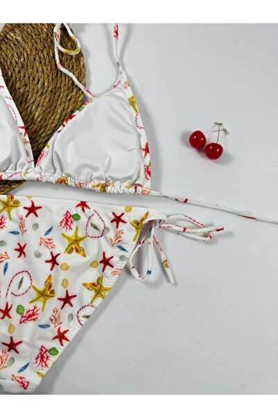 VAJESTO Women's White Starfish Pattern Triangle Bikini Set Lycra Stretchy Side Halter Neck Stylish Drawstring