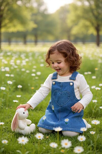 ALTINTAŞ BABY Daisy Embroidered Heart Patterned Seasonal Knitted Denim Fabric Cotton 2-Piece Salopet Set