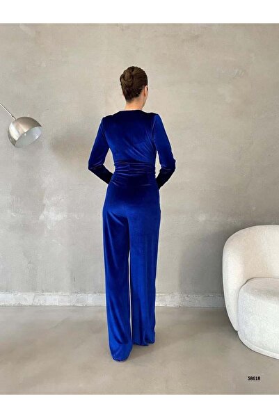 Modafeminen Stretchy Velvet Fabric Double Breasted Neckline Belted Long Evening Jumpsuit 58618 Saks