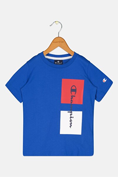 Champion تي شيرت بأكمام قصيرة وشعار العلامة التجارية للأولاد الصغار، أزرق
