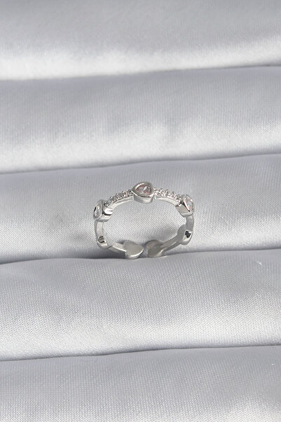 Mustran خاتم نسائي نحاسي فضي اللون على شكل قلب مزين بحجر الزركون