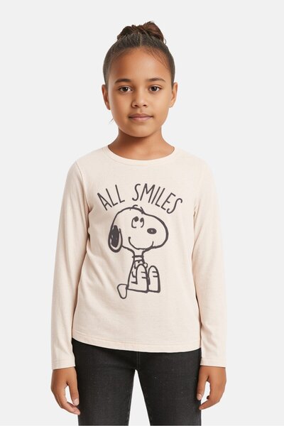 Sinsay Peanuts Kids Girl Crew Neck Printed Long Sleeves T-shirt, Beige