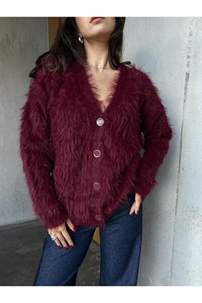 minaaise Women's Burgundy Plush Oversize Knit Cardigan 91