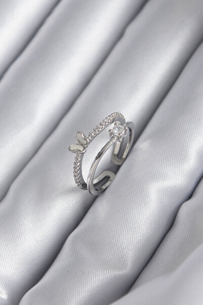 Mustran خاتم نسائي نحاسي فضي اللون بحجر الزركون على شكل فراشة