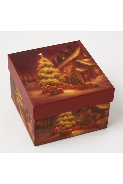 OEM Christmas Gift Box, Square, With Detachable Lid, Christmas Landscape Design, Reusable, 9.5 x 9.5 x 5
