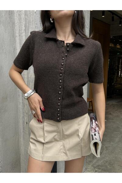 minaaise Women's Brown Short-Sleeved Imported Yarn Buttoned Knit Sweater 7010